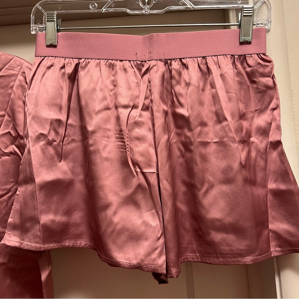 True Religion Pink Stretch Satin Boxer Pajamas with Notch Collar Button down Top - Picture 7 of 16